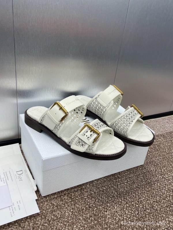 2025 Women Dior White Calfskin Leather Slippers CD Logo Buckle KFY00300