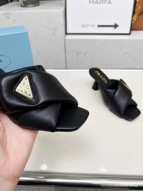 2025 Women Prada Black Soft Leather High Heel Mules KFY00270