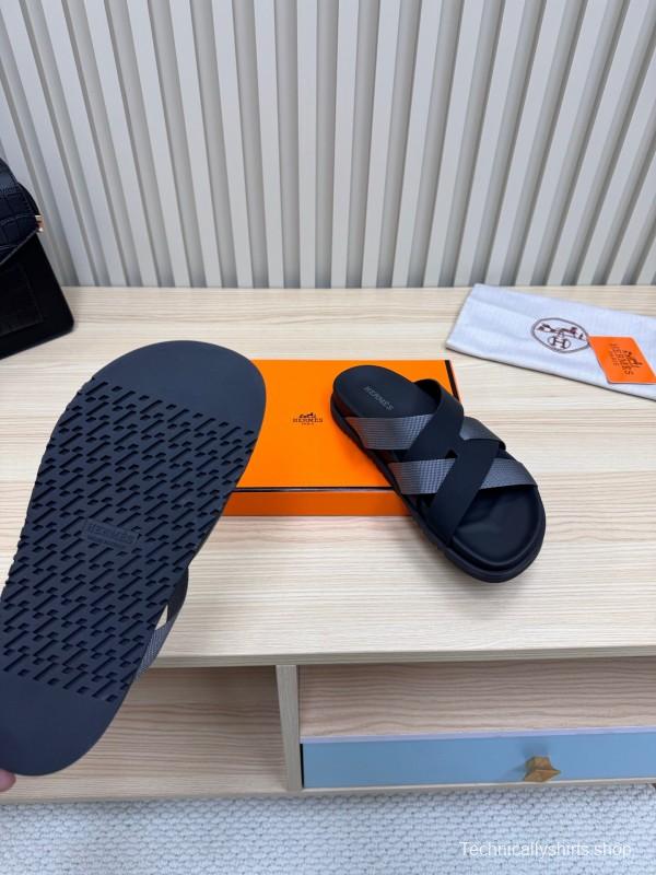 2025 Unisex Hermès Black Grey Leather Slippers