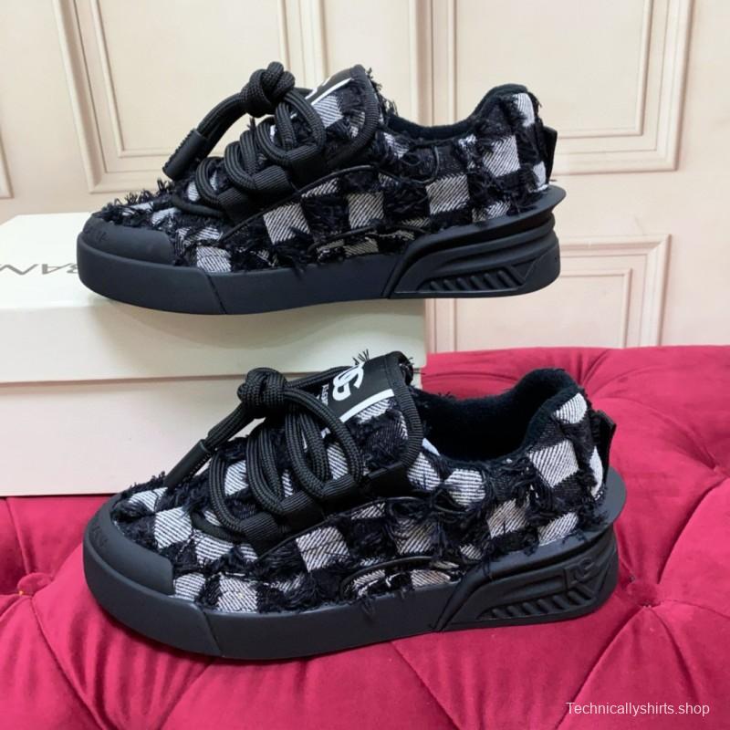 2024 Unisex Dolce & Gabbana Black White Wool Leather Sneakers MJ00340