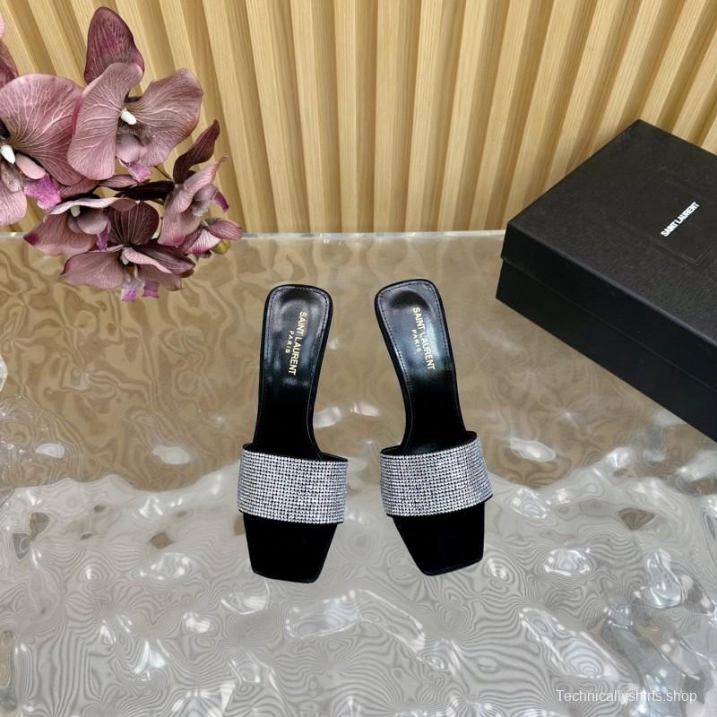 2025 Women Yves Saint Laurent Black Crystal Fabric High Heel Sandals MJ00300