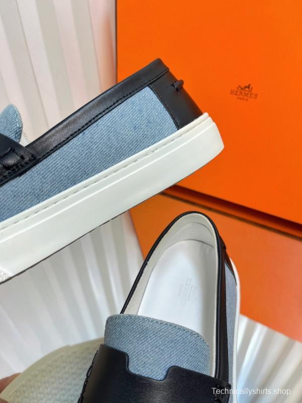 2025 Women Hermès Blue Black Leather Denim Loafers LY00310