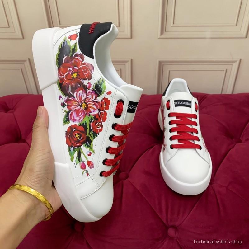 2025 Women Dolce & Gabbana White Red Leather Sneakers Floral LY00300