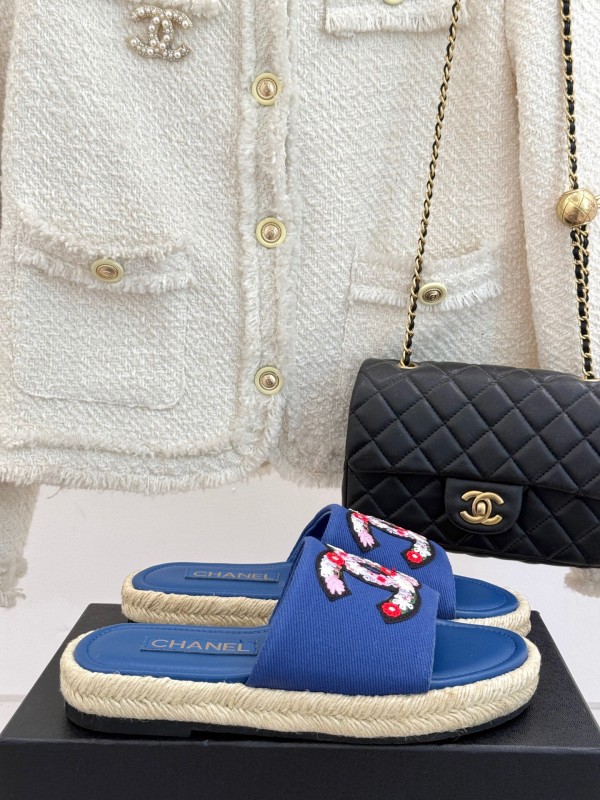 2025 CHANEL Blue Canvas Slippers Embroidered KFY00230