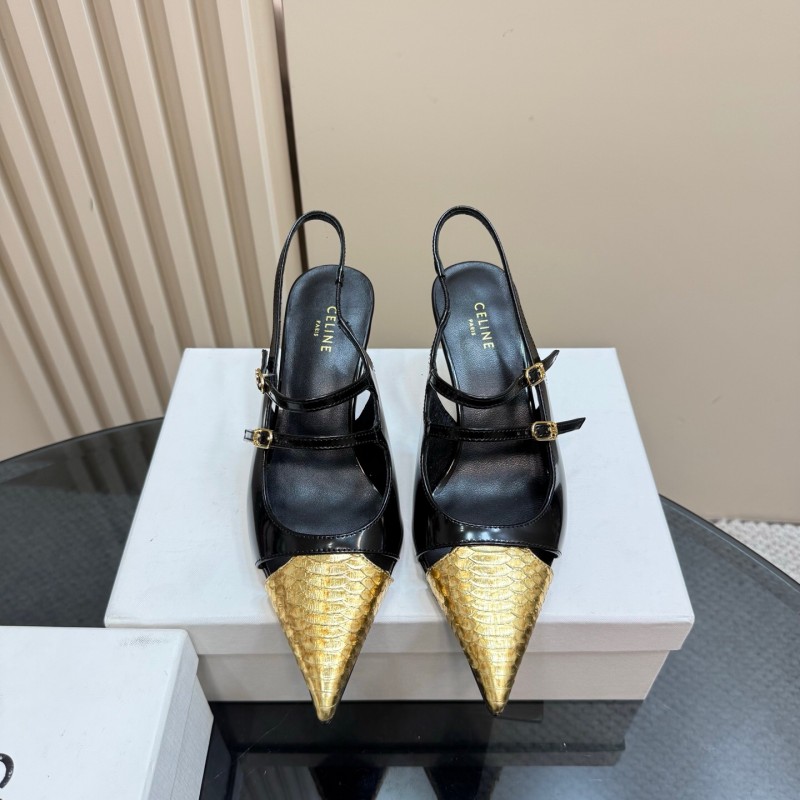 2025 Women CELIN* Black Gold Leather Pointed Toe Slingback Heels
