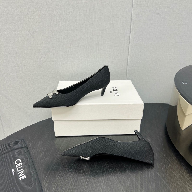 2025 Women Celine Black Fabric Pointed Toe Metal Buckle Pumps