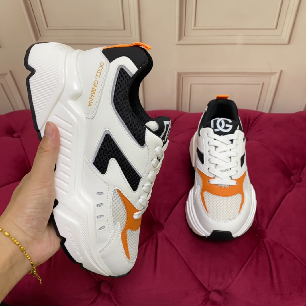 2025 Unisex Dolce & Gabbana White Black Orange Leather Lycra Sneakers LY00330(F)/LY00340(M)
