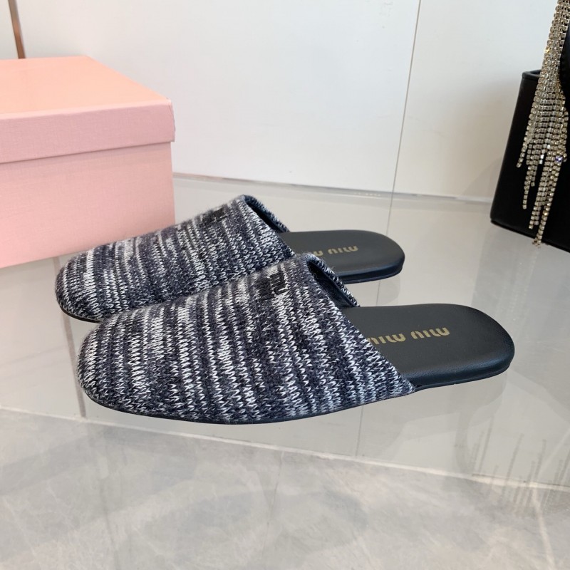 2025 Women Miu Miu Black White Knit Leather Slippers