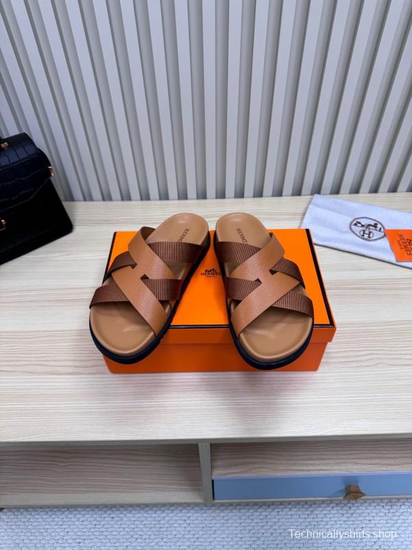 2025 Men Hermès Brown Leather Slippers