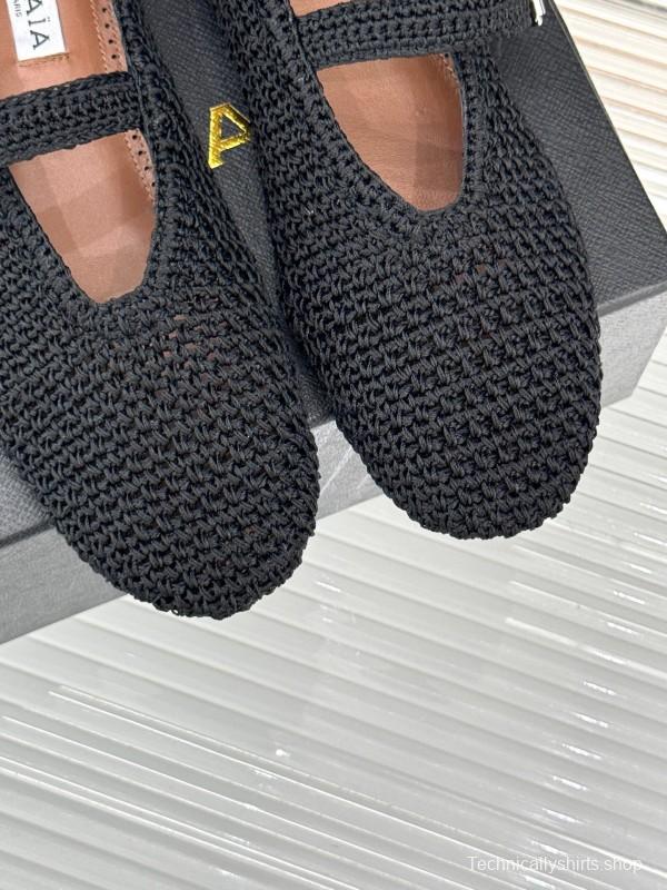 2025 Women AlAIA Black Woven Leather Mary Jane KFY00310