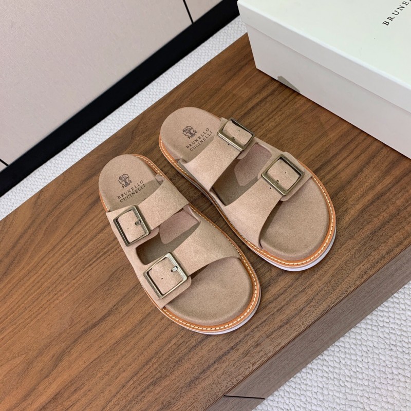 2025 Unisex Brunello Cucinelli Beige Suede Leather Slippers KFY00250