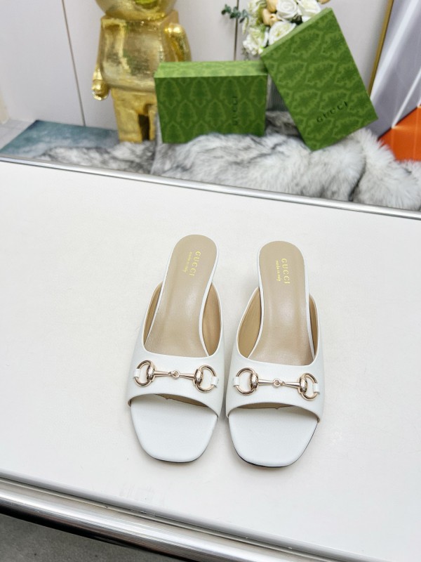 2025 Women Gucci White Leather Heeled Slippers MJ00180