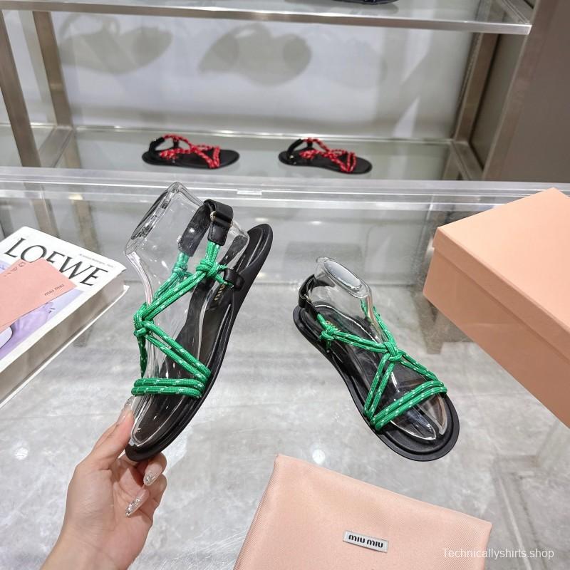 2025 Women Miu Miu Green Black Rope Leather Sandals