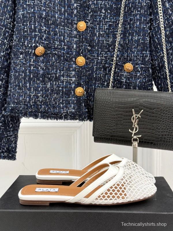 2025 Slippers AlAIA White Leather Mesh Flat Shoes