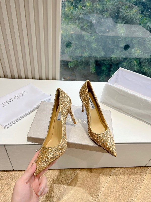 2025 Women Jimmy Choo Gold Crystal Leather Heels KFY00280