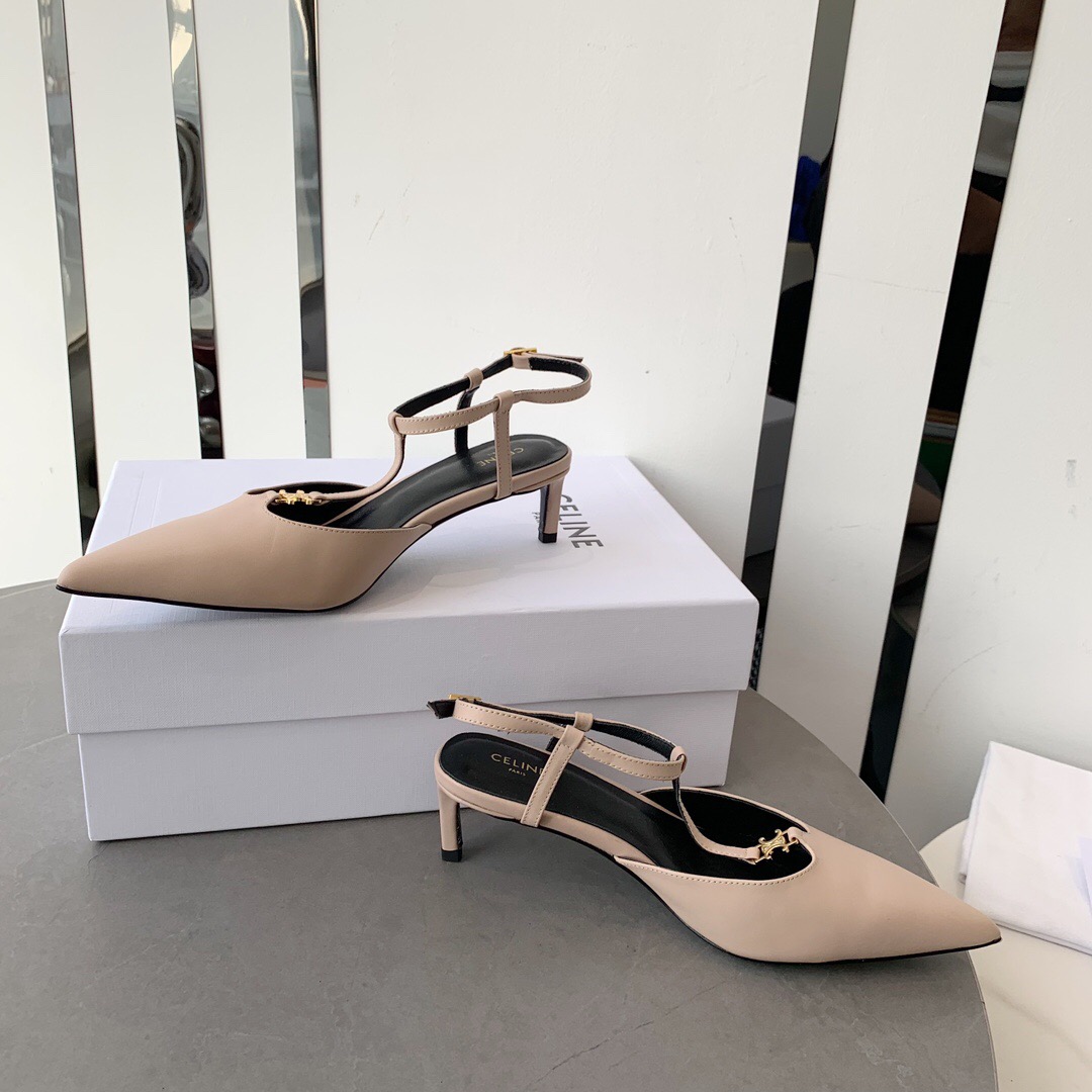 2025 Women Celine Beige Calfskin T-Strap Pumps