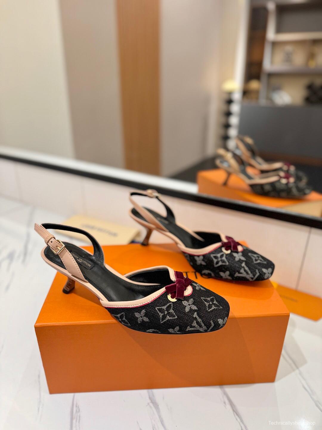 2025 Women LV Black Pink Denim Leather Slingback Heels KFY00310