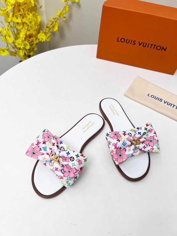 2025 Women Louis Vuitton White Pink Leather Slippers LY00190
