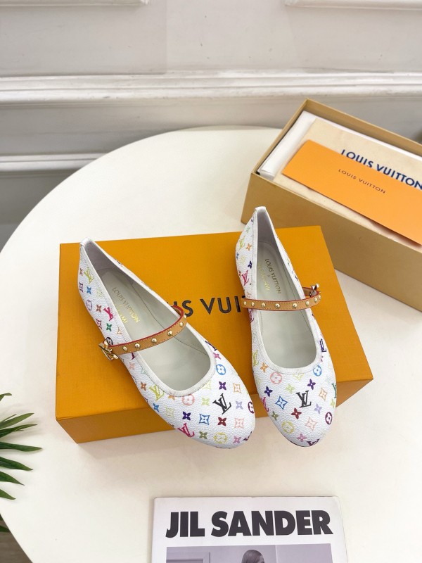 2025 Women Louis Vuitton White Multicolor Canvas Ballet Flat MJ00300