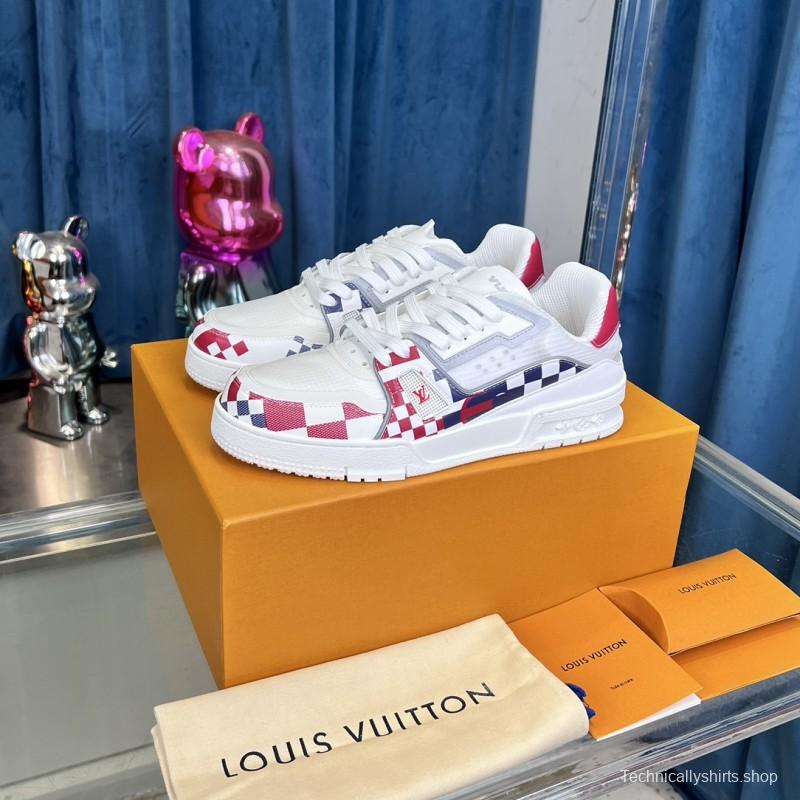 2025 Unisex Louis Vuitton White Red Blue Leather LV Trainer