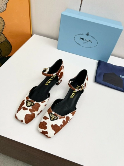 2025 Women Prada Brown White Calf Hair Strap Heels LY00270