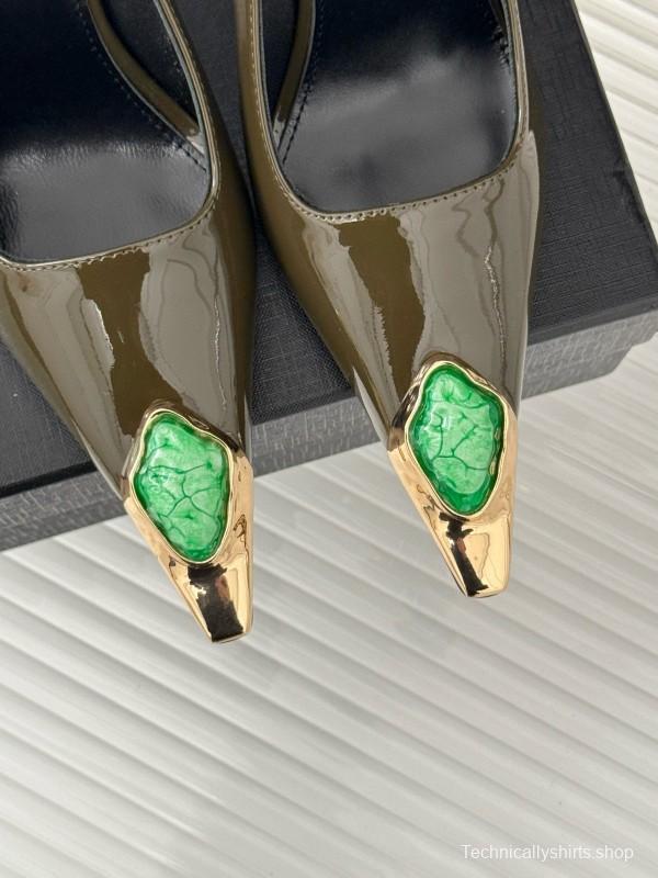 2024 Women Yves Saint Laurent Olive Green Patent Leather High Heel Gemstone MJ00330