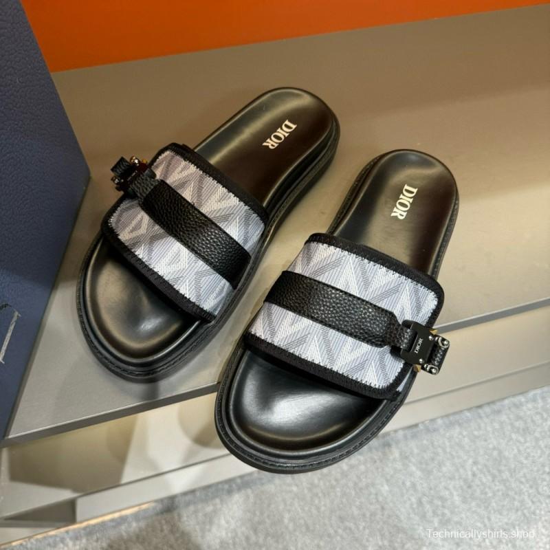 2024 Men Dior Black White Oblique Embroidered Leather Sandals H-Town MJ00190