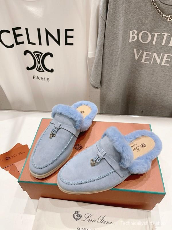 2024 LP Light Blue Suede Shearling Slippers