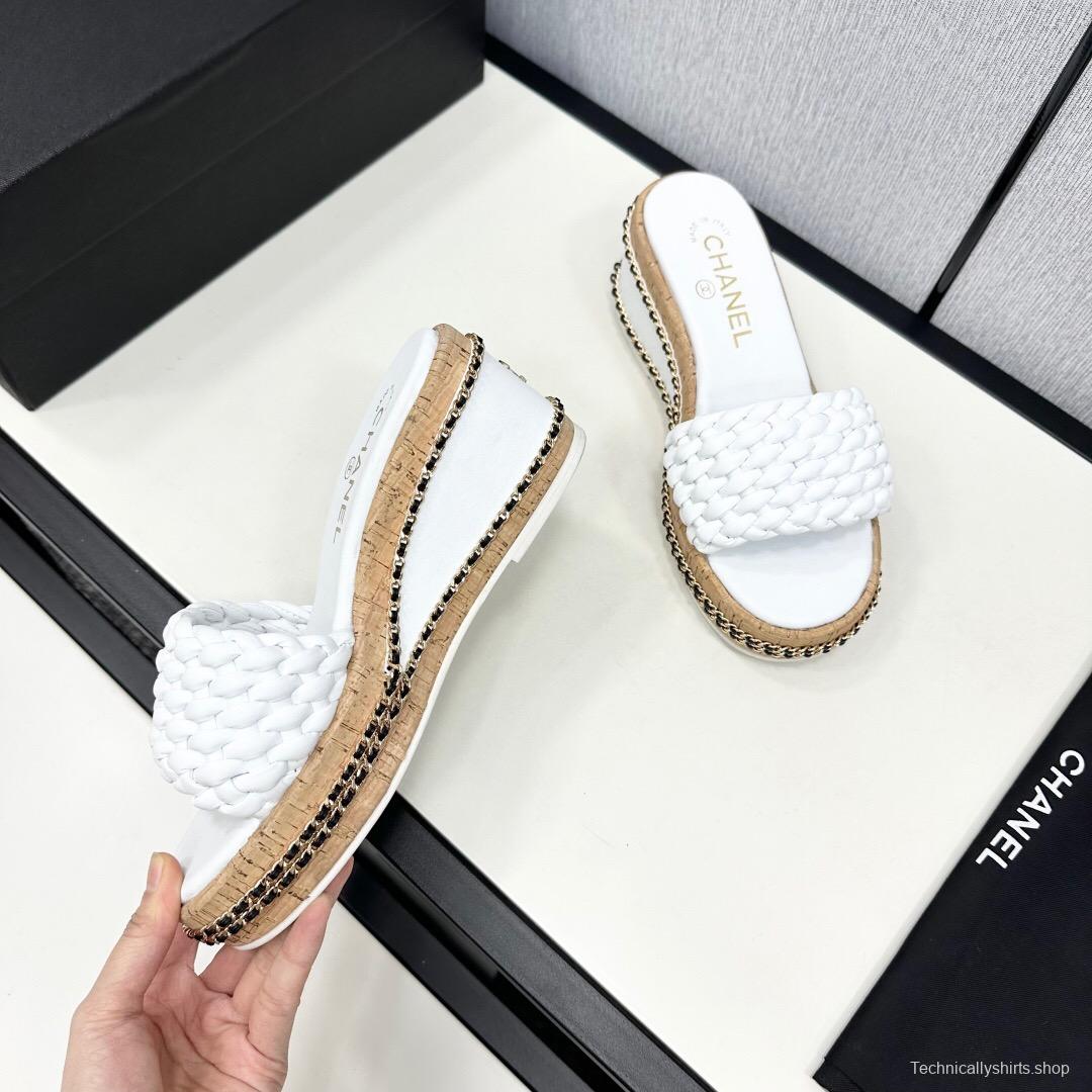 2025 Women Chanel White Leather Wedge Sandals