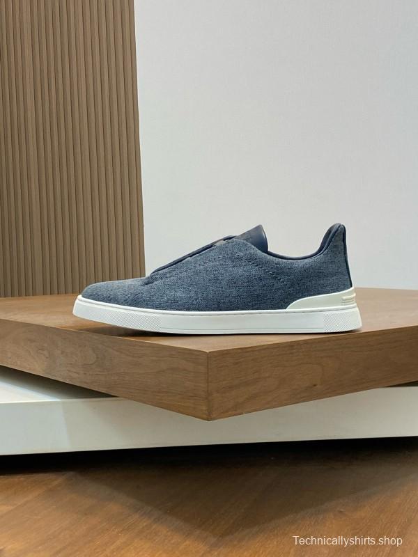 2024 Unisex Ermenegildo Zegna Grey Blue Pelletessuta Calfskin Sneakers Stretch Detail MJ00280