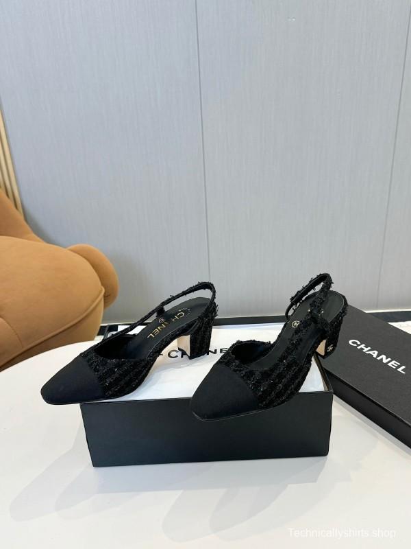 2025 Women Chanel Black Wool Leather Slingback Pumps