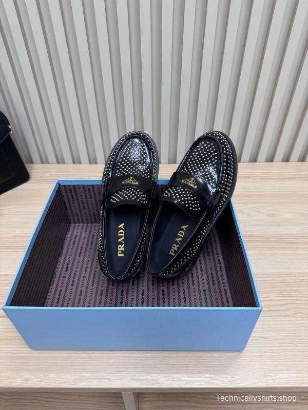 2025 Women Prada Black Leather Loafers Studded LY00340