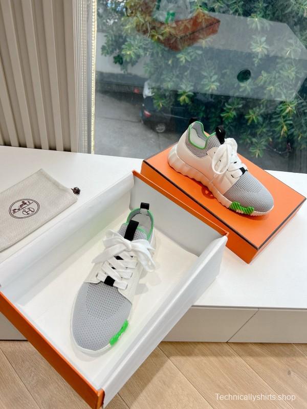 2024 Unisex Hermès White Green Calfskin Suede Sneakers MJ00290