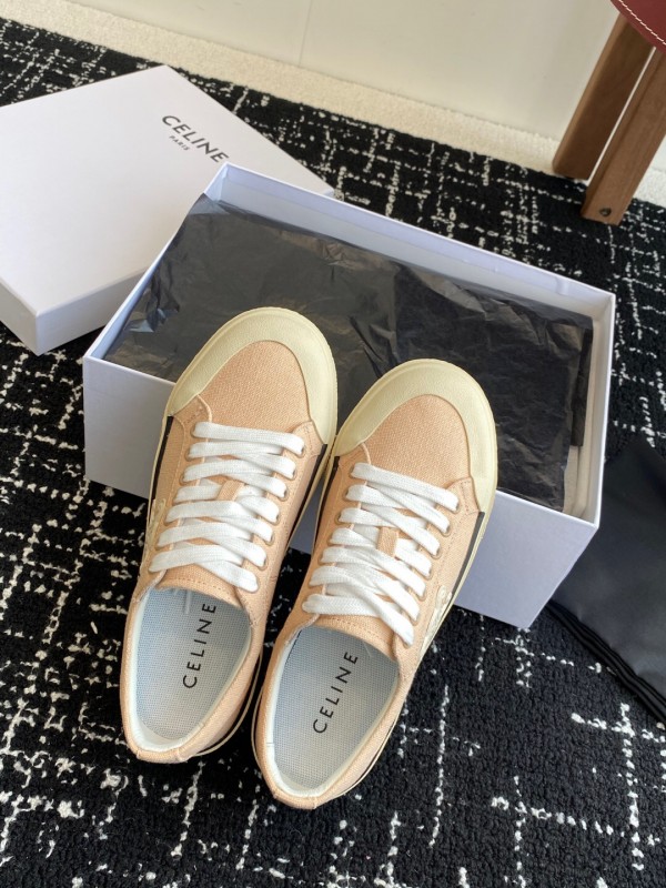 2025 Women Celine Beige Canvas Leather Platform Sneakers