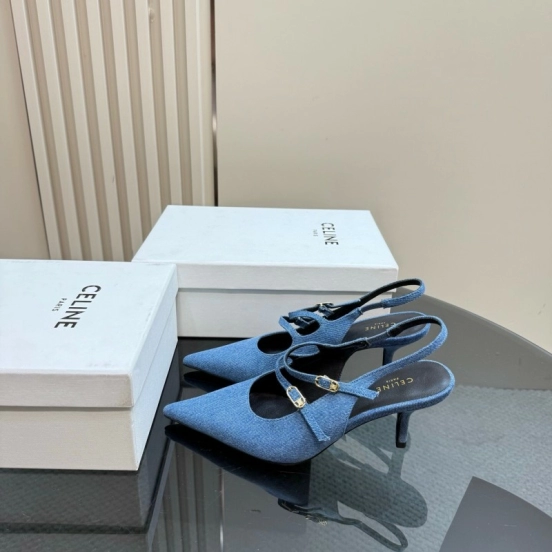 2025 Women CELINE Blue Denim Leather Pointed Toe Slingback Heels KFY00290