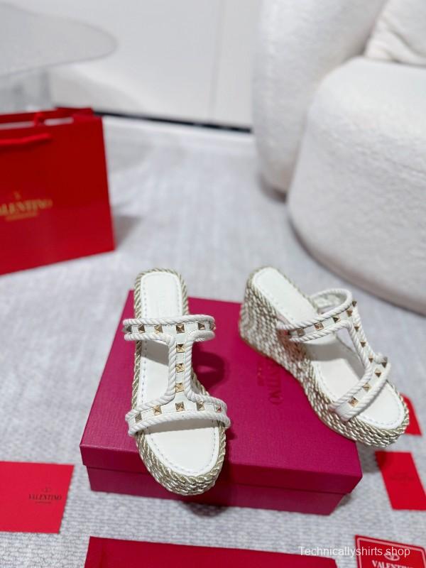 2025 Women Valentino White Leather Wedge Sandals Studs LY00290