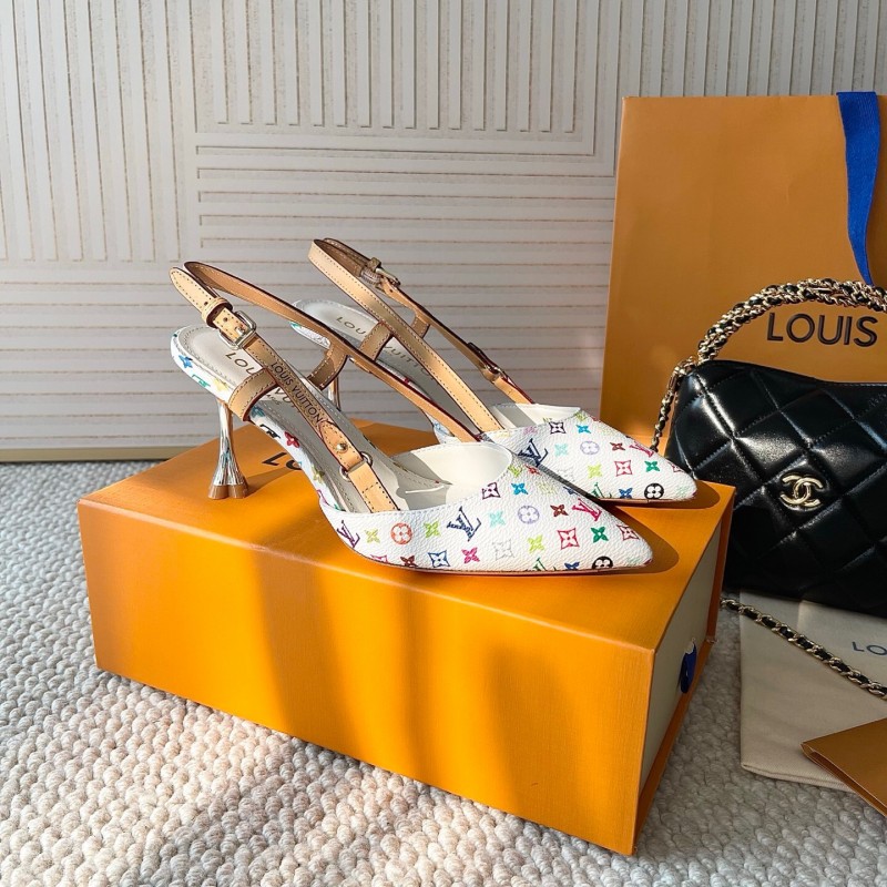 2025 Women Louis Vuitton White Multicolor Canvas Leather Slingback Pumps