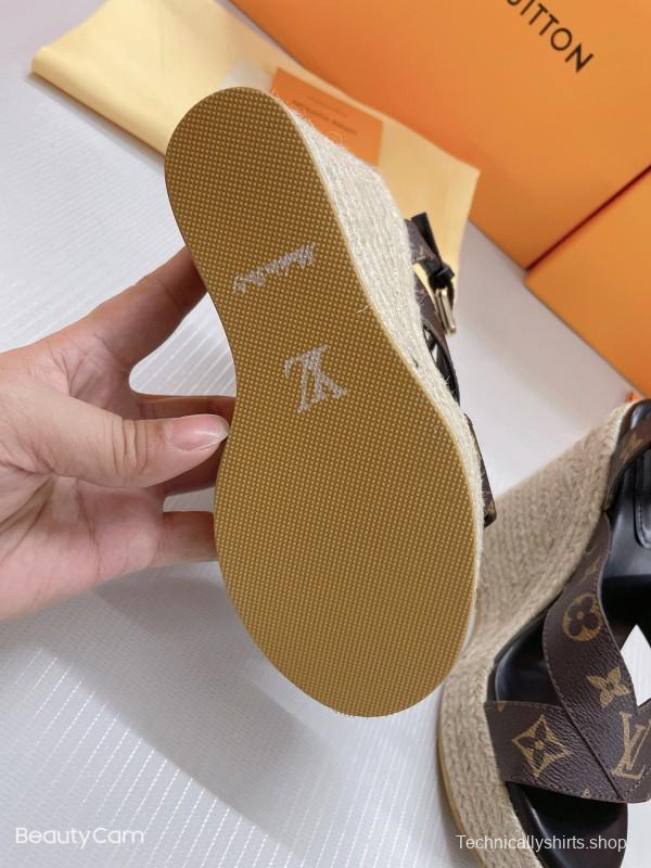 2025 Women Louis Vuitton Brown Leather Denim Espadrilles Wedge Sandals MJ00280