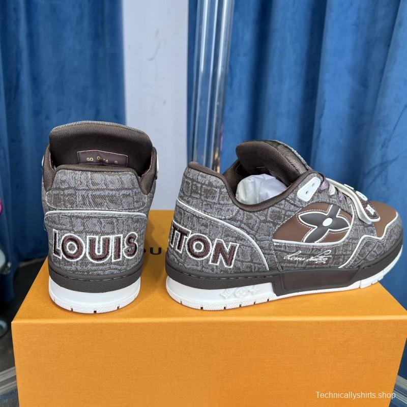 2025 Unisex Louis Vuitton Brown Grey Leather Trainer