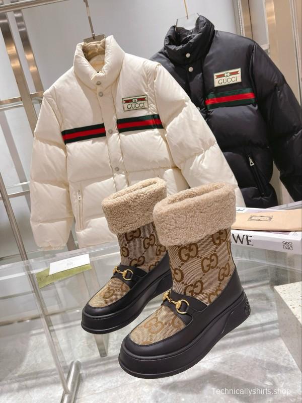 2024 Women Gucci Beige Brown Leather Shearling Snow Boots MJ00420