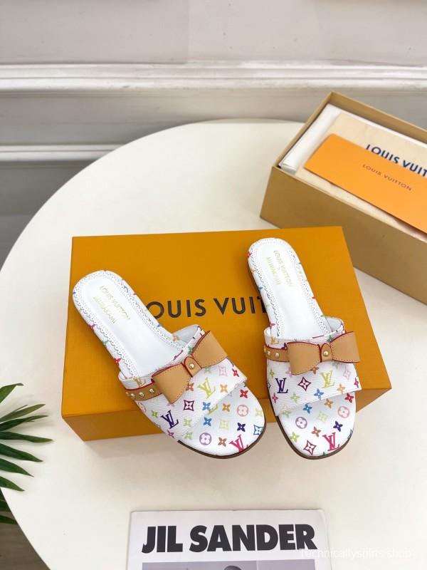 2025 Women Louis Vuitton White Multicolor Leather Slippers KFY00290