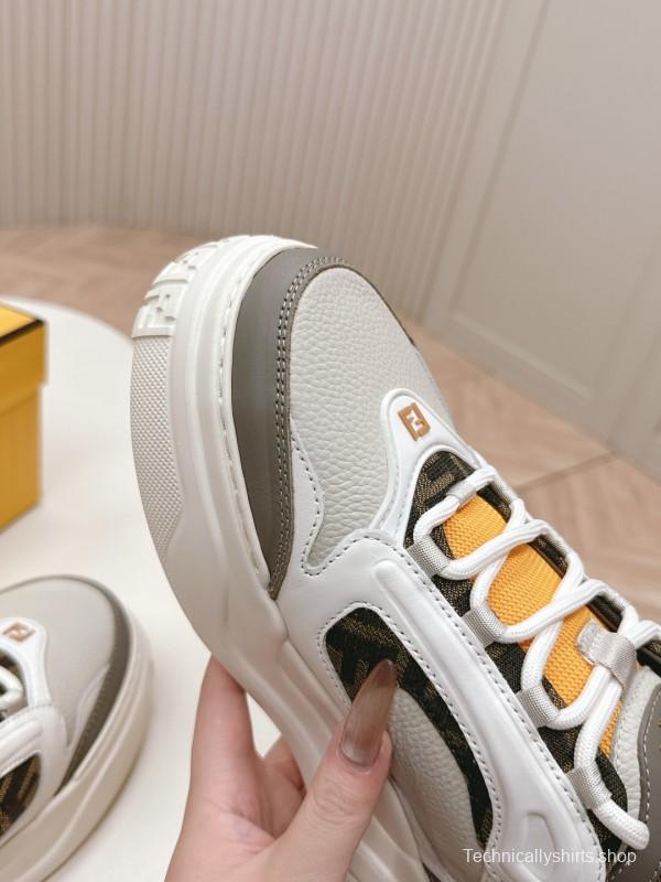 2025 Women Fendi White Grey Yellow Leather Mesh Sneakers