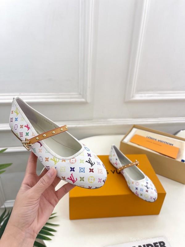 2025 Women Louis Vuitton White Multicolor Leather Ballet Flats KFY00300