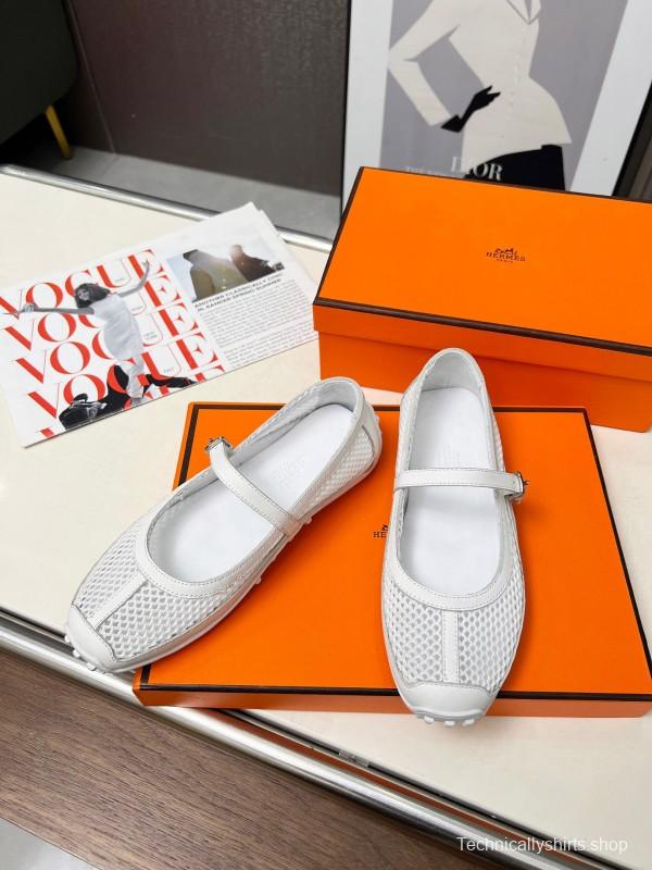 2025 Women Hermès White Leather Mesh Mary Jane LY00230