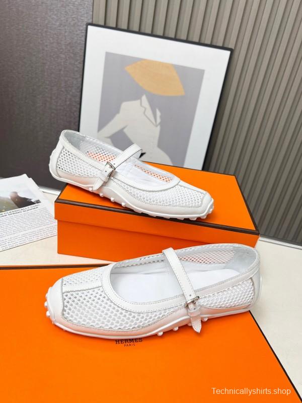 2025 Women Hermès White Leather Mesh Mary Jane LY00230