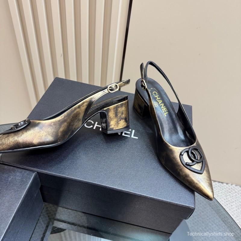 2025 Women Chanel Gold Black Leather Slingback Heel