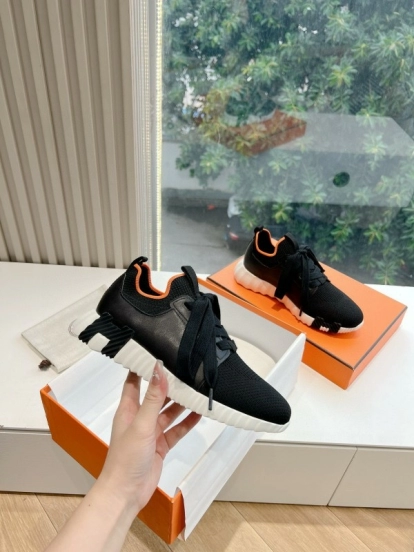 2024 Unisex Hermès Black Orange Knit Sneakers