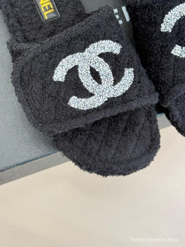 2025 Women Chanel Black Terry Cloth Slippers KFY00220
