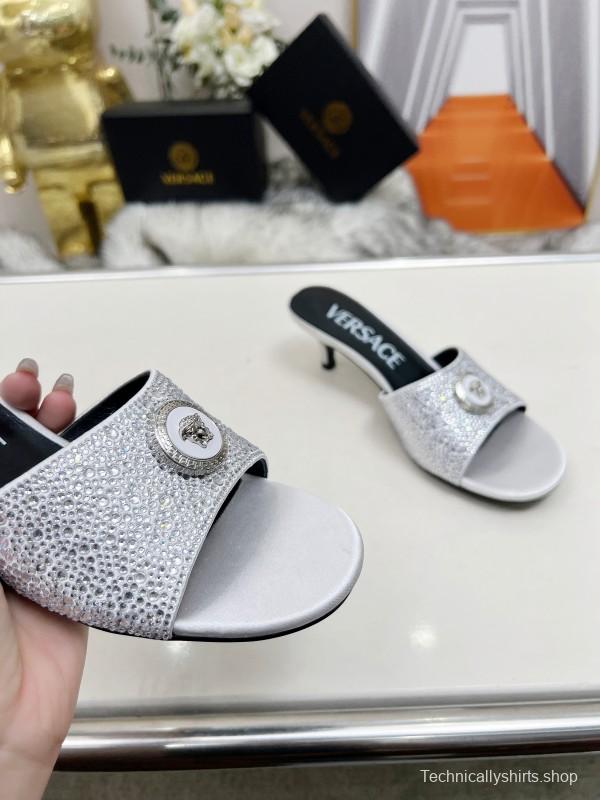 2025 Women VERSACE White Crystal Satin Mules