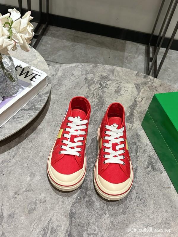 2025 Unisex Bottega Veneta Red Yellow Canvas Leather Sneakers Hand Painted KFY00260(F/M)